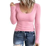 Demegimi Women's Long Sleeve Lace Neck Ribbed Top Stretch Basic Blouse UK | Soft Rib Knit-Breathable Stretch-Lace Neckline Detail-Easy Care-Machine Washable-Flatters the Figure-Layer-Friendly