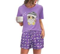 Demegimi Women's Pajama Set Short Sleeve Nightwear with Cute Owl Print Soft Cotton Lounge Set - 2 Piece Pjs with Drawstring Shorts & Pockets Purple