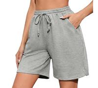 Demegimi Women's Running Shorts Cotton Bermuda Gym Sweat Shorts High Waisted with Pockets Workout Cycling Athletic Hiking Jogging Grey