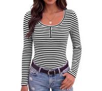 Demegimi Womens Striped Henley Tops Long Sleeve Slim Fit Black XL