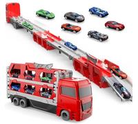 Demero Transport Truck Toy with Cars Portable Truck Toy with 6 Race Cars, Carrier Vehicles Toys Set for Kids Ages 3 4 5 6 (Red with 6 Cars)