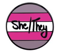 Demigirl She/They Pronoun Enamel Pin, Gender Identity Metal Backpack Badge