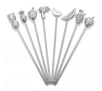 DEMIGO Fruit-Shaped Cocktail Picks, 8 Stainless Steel Reusable Skewers with Tropical Toppers - Olive Stuffers Martini Picks set Fruit Toothpicks Garnish Skewers Appetizer Drink Stick