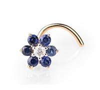 Demira Jewels 14K Yellow Gold Nose Piercing Wire Setting Stud with Real Diamond and Natural Blue Sapphire Flower - Elegant Wedding Nose Ring, Stunning Bridal Nose Jewelry., gold, diamond