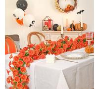 DEMIUKO 2 PCS Artificial Autumn Fall Garlands Orange Flowers Vine 5.9FT Fake Morning Glory Silk Flowers Hanging Trailing Plants Floral Wall Decor for Outdoor Home Garden Party Thanksgiving Halloween