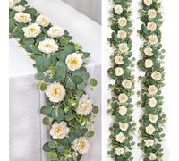 DEMIUKO 2PCS Artificial Flower Eucalyptus Garlands White Peony Rose Fake Flowers Garland with Boston Plants Silk Foliage 6.5FT Greenery Floral Vine for Wedding Home Garden Party Table Decorations