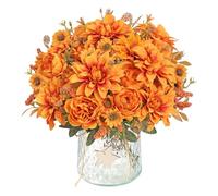 DEMIUKO 4 Bunch es Artificial Flowers Dahlia Bouquet Fake Flowers Silk Roses Daisies Plants Vase Floral Arrangements for Wedding Bridal Bouquet Filler Table Centerpiece Home Decor (Orange)