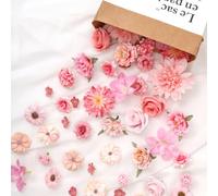 DEMIUKO 58 PCS Artificial Flower Heads Fake Peony Dahlia Rose for DIY Craft | Small Silk Flower Decor with 16 Styles, Mini Pink Flowers, Faux Bulk Flower Set, for Hair Accessories Cake Topper Party Decor