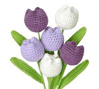 DEMIUKO 6PCS Artificial Crochet Flowers White Tulips Cotton Knitted Flowers Bouquet Soft Finished Handmade Crochet Tulipanes Fake Tulip Purple Floral Gift for Girls Friends Women Birthday Decor