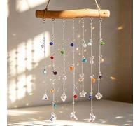 DEMIUKO Crystal Sun Catcher for Windows Hanging Decor, Crystal Wind Chimes with Wood Rainbow Maker Suncatchers Colorful Crystal Beads Chain Pendant for Garden Home Indoor Outdoor (Multi Color, 1pcs)