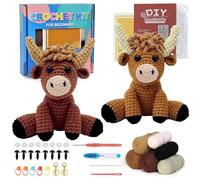 DEMIUKO Highland Cow Crochet Kit for Beginners Adults Crochet Starter Kits Include Step by Step Video Tutorial 2PCS Crochet Animal Decor Brown Yarn DIY Crafts Set Birthday Gift for Adults Kids