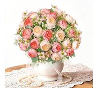 DEMIUKO Peony Artificial Flowers Faux Peony Bouquet 6 Bunches Fake Peonies Flowers Silk Rose Spring for Wedding Home Decoration Party Arrangement Table Centerpiece Easter, Champagne Orange Pink