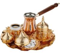DEMMEX 12-Piece Turkish Coffee Serving Set with Cezve (Copper Coffee Pot), Cups, Saucers, Sugar Bowl & Tray - Handmade Gift Set for Two (Gold)