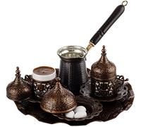 DEMMEX 12-Piece Turkish Coffee Serving Set with Cezve (Copper Coffee Pot), Cups, Saucers, Sugar Bowl & Tray - Handmade Gift Set for Two (Antique)
