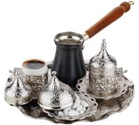 DEMMEX 12-Piece Turkish Coffee Serving Set with Cezve (Copper Coffee Pot), Cups, Saucers, Sugar Bowl & Tray - Handmade Gift Set for Two (Silver)