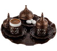 DEMMEX 2024 Turkish Greek Arabic Coffee Serving Set with Cups, Saucers, Coasters, Lids, Sugar Bowl and Lid and Tray, 11 Pieces (Antique), Medium