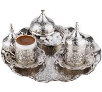 DEMMEX 2024 Turkish Greek Arabic Coffee Serving Set with Cups, Saucers, Cup Holders, Lids, Sugar Bowl & Lid and Tray, 11 Pcs (Silver), Medium