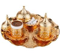 DEMMEX 2024 Turkish Greek Arabic Coffee Serving Set with Cups, Saucers, Cup Holders, Lids, Sugar Bowl & Lid and Tray, 11 Pcs (Gold), Medium