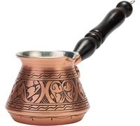 DEMMEX 2mm Thickest Copper Turkish Greek Arabic Coffee Pot Engraved Stovetop Coffee Maker Cezve Ibrik Briki with Wooden Handle & Spoon, for 3 People (Matte Copper)