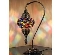 DEMMEX Authentic Turkish Lamp, Made in Turkey, Turkish Moroccan Mosaic Table Bedside Lamp, 100% Handcrafted, Antique Brass Color Metal Body and Decorated Metal Base, 15", Multicolor