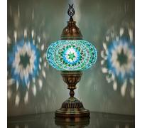 DEMMEX Battery-Operated Turkish Moroccan Mosaic Table Lamp, Portable Stained Glass Lamp for Indoor & Outdoor Use, Cordless Handmade Decorative Light for Balcony, Patio & Camping - 30 cm H (Turquoise)