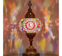 DEMMEX Battery-Operated Turkish Moroccan Mosaic Table Lamp, Portable Stained Glass Lamp for Indoor & Outdoor Use, Cordless Handmade Decorative Light for Balcony, Patio & Camping - 30 cm H (Multi-Red)