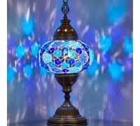 DEMMEX Battery-Operated Turkish Moroccan Mosaic Table Lamp, Portable Stained Glass Lamp for Indoor & Outdoor Use, Cordless Handmade Decorative Light for Balcony, Patio & Camping - 30 cm H (Blue)