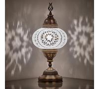DEMMEX Battery-Operated Turkish Moroccan Mosaic Table Lamp, Portable Stained Glass Lamp for Indoor & Outdoor Use, Cordless Handmade Decorative Light for Balcony, Patio & Camping - 30 cm H (White)