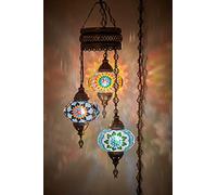 DEMMEX Customizable Turkish Moroccan Mosaic Plug in Chandelier Ceiling Hanging Lamp Pendant Light Fixture Lighting, 4.5mt Cord Chain and Plug, 3 Big Globes