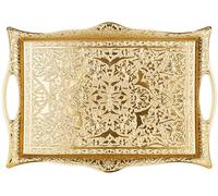 DEMMEX Engraved Turkish Tea and Coffee Serving Tray - Decorative Gold Rectangular Tray for 6, Heavy-Duty Metal, 14.5" x 10", Ideal for Tea and Coffee Sets, Elegant Home Accent and Centerpiece