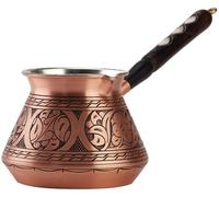 DEMMEX Large 15 fl oz Extra Thick 1mm Solid Copper Turkish Coffee Pot - Stovetop Greek, Arabic Coffee Maker, Cezve, Ibrik, Briki - Wooden Handle & Spoon - Hand Engraved - Makes 5-6 Turkish Coffee Cups