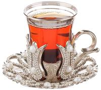 DEMMEX (Set of 6 Turkish Tea and Coffee Glasses Set with Metal Saucers Holders and Spoons, Decorated with Crystals and Pearls,Handmade, 24 Pcs, 3.3 Ounces (Silver)