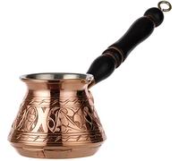 DEMMEX Thick Copper Turkish Greek Arabic Coffee Pot 250 ml, Traditional Hand Engraved Cezve Ibrik Briki with Wooden Handle & Spoon, Handmade in Turkey (Engraved)