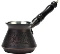 DEMMEX Thick Copper Turkish Greek Arabic Coffee Pot 300ml, Traditional Hand Engraved Cezve Ibrik Briki with Wooden Handle & Spoon, Handmade in Turkey (Antique)