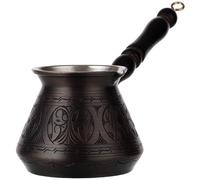 DEMMEX Thick Copper Turkish Greek Arabic Coffee Pot 450 ml, Traditional Hand Engraved Cezve Ibrik Briki with Wooden Handle & Spoon, Handmade in Turkey (Antique)