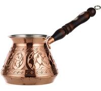 DEMMEX Thick Copper Turkish Greek Arabic Coffee Pot 450 ml, Traditional Hand Engraved Cezve Ibrik Briki with Wooden Handle & Spoon, Handmade in Turkey (Engraved)