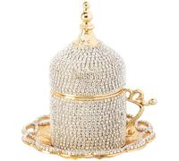 DEMMEX Turkish Coffee & Espresso Cup, Fancy Turkish Greek Arabic Coffee Cup with Inner Porcelain, Metal Holder, Saucer and Lid, Handmade with Crystals, 2 Oz - 60ml (Gold with Crystals)