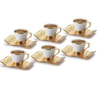 DEMMEX Turkish Greek Arabic Bosnian Coffee & Espresso Cup Set for 6 - 18 Pcs, Porcelain Demitasse Cups (2.6 Oz/80ml) with Gold Metal Holders & Saucers - Ottoman Chic Elegance, White & Gold