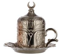 DEMMEX Turkish Greek Arabic Coffee Cup - 2.5oz Demitasse Porcelain Fincan Cup, Heavy-Duty Zamak Metal Holder, Lid & Saucer, Tulip Engraved, Authentic Gift for Espresso & Coffee Lovers