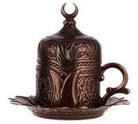 DEMMEX Turkish Greek Arabic Coffee Cup - 2.5oz Porcelain Cup, Heavy-Duty Zamak Metal Holder, Lid & Saucer, Tulip Engraved Fincan, Ottoman-Style, Authentic Gift for Espresso & Coffee Lovers