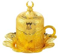 DEMMEX Turkish Greek Arabic Coffee Cup - 2.5oz Porcelain Cup, Heavy-Duty Zamak Metal Holder, Lid & Saucer, Tulip Engraved Fincan, Ottoman-Style, Authentic Gift for Espresso & Coffee Lovers