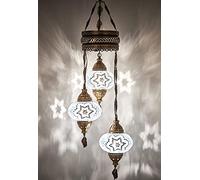 DEMMEX Turkish Moroccan Mosaic Hardwired Ceiling Chandelier Light, Handmade 3-Globe Hanging Pendant Lamp, Boho Mosaic Glass, 105 cm Height, White