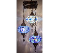 DEMMEX Turkish Moroccan Mosaic Hardwired Ceiling Chandelier Light, Handmade 3-Globe Hanging Pendant Lamp, Boho Mosaic Glass, 105 cm Height, Blue