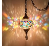 DEMMEX Turkish Moroccan Mosaic Swag Plug in Ceiling Hanging Light, Pendant Light Fixture with 4.5m Cord Chain & Plug, No Wiring Required - Plug into Wall Outlet, Multicolor