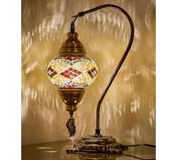 DEMMEX Turkish Moroccan Mosaic Table Lamp-Handcrafted Tiffany-Style Colorful Glass Swan Neck Bedside, Desk Light, Boho Artisan Accent Lighting for Bedroom, Living Room-38cm H, Black-Brown