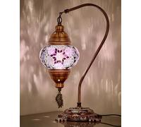 DEMMEX Turkish Moroccan Mosaic Table Lamp-Handcrafted Tiffany-Style Colorful Glass Swan Neck Bedside, Desk Light, Boho Artisan Accent Lighting for Bedroom, Living Room-38cm H, Purple