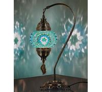 DEMMEX Turkish Moroccan Mosaic Table Lamp-Handcrafted Tiffany-Style Colorful Glass Swan Neck Bedside, Desk Light, Boho Artisan Accent Lighting for Bedroom, Living Room-38cm H, Turquoise