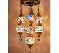 DEMMEX Turkish Mosaic Hardwired Ceiling Light - Customisable 7-Globe Handmade Chandelier, Boho Chic Hanging Lamp for Living Room & Dining Room, 95 cm Height