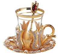 DEMMEX Turkish Tea & Coffee Glass Set with Crystal-Decorated Holders, Saucers & Spoons - Handmade 6-Piece Serving Set, 100 ml Cups (Gold)