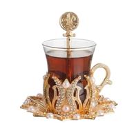 DEMMEX Turkish Tea & Coffee Glass Set with Crystal-Decorated Holders, Saucers & Spoons - Handmade 6-Piece Serving Set, 100 ml Cups (Gold)